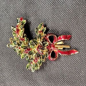 Museum of fine arts red,green enamel Holly berry bow pin brooch